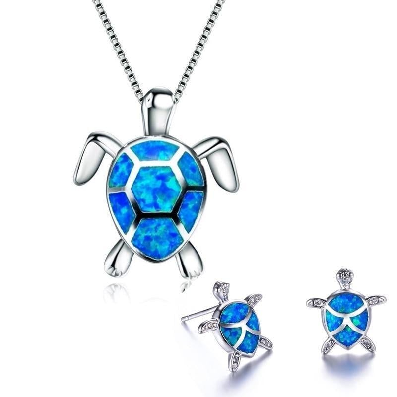 Elegant NAIAE Set of Necklace and Earrings with Delicate Sea Turtle in Silver & Opal for a Stylish Look