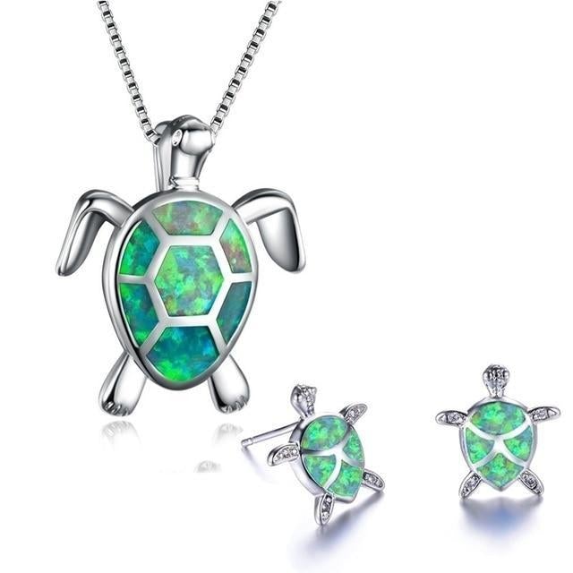 Elegant NAIAE Set of Necklace and Earrings with Delicate Sea Turtle in Silver & Opal for a Stylish Look