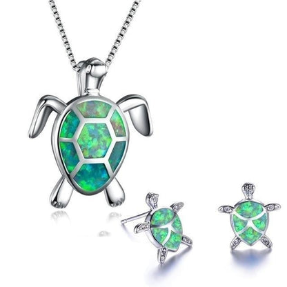 Elegant NAIAE Set of Necklace and Earrings with Delicate Sea Turtle in Silver & Opal for a Stylish Look