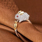 LEORA - Elegant Adjustable Silver Ring with Cute Bunny & Carrot, Adorned with Sparkling Crystals-Westeryn