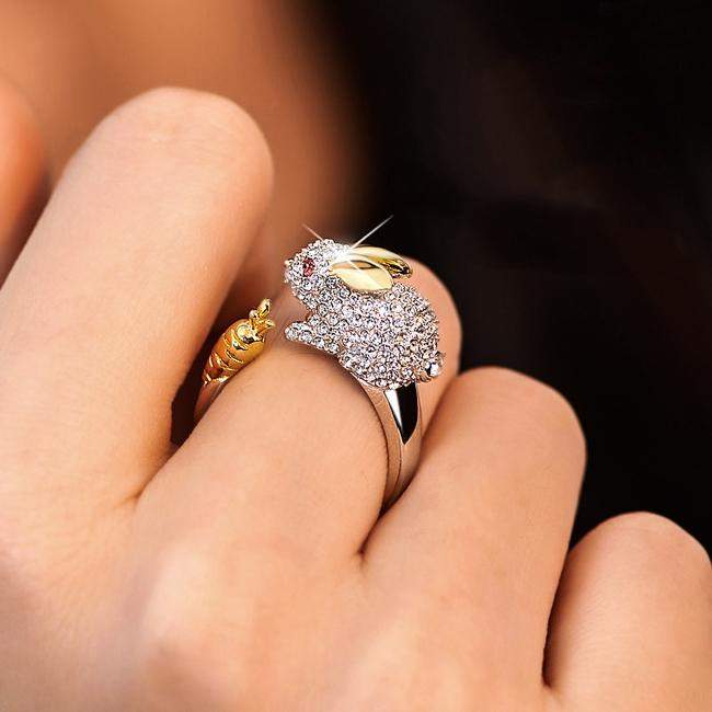 LEORA - Elegant Adjustable Silver Ring with Cute Bunny & Carrot, Adorned with Sparkling Crystals-Westeryn