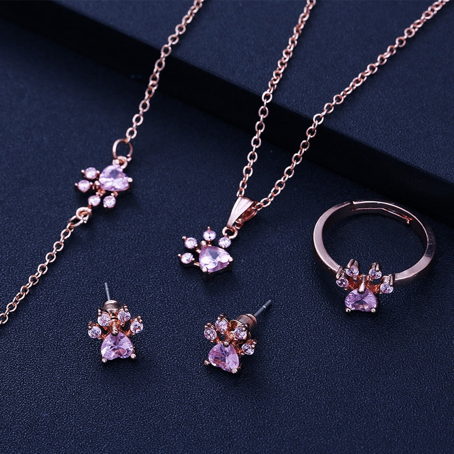 Elegant TALINA 4-Piece Rose Gold Jewelry Set with Paw & Zirconia Heart - Perfect Gift for Animal Lovers-Westeryn