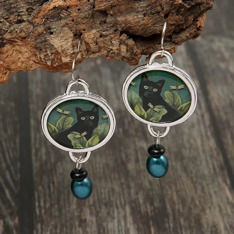 Midnight Elegance Cat Dangle Earrings